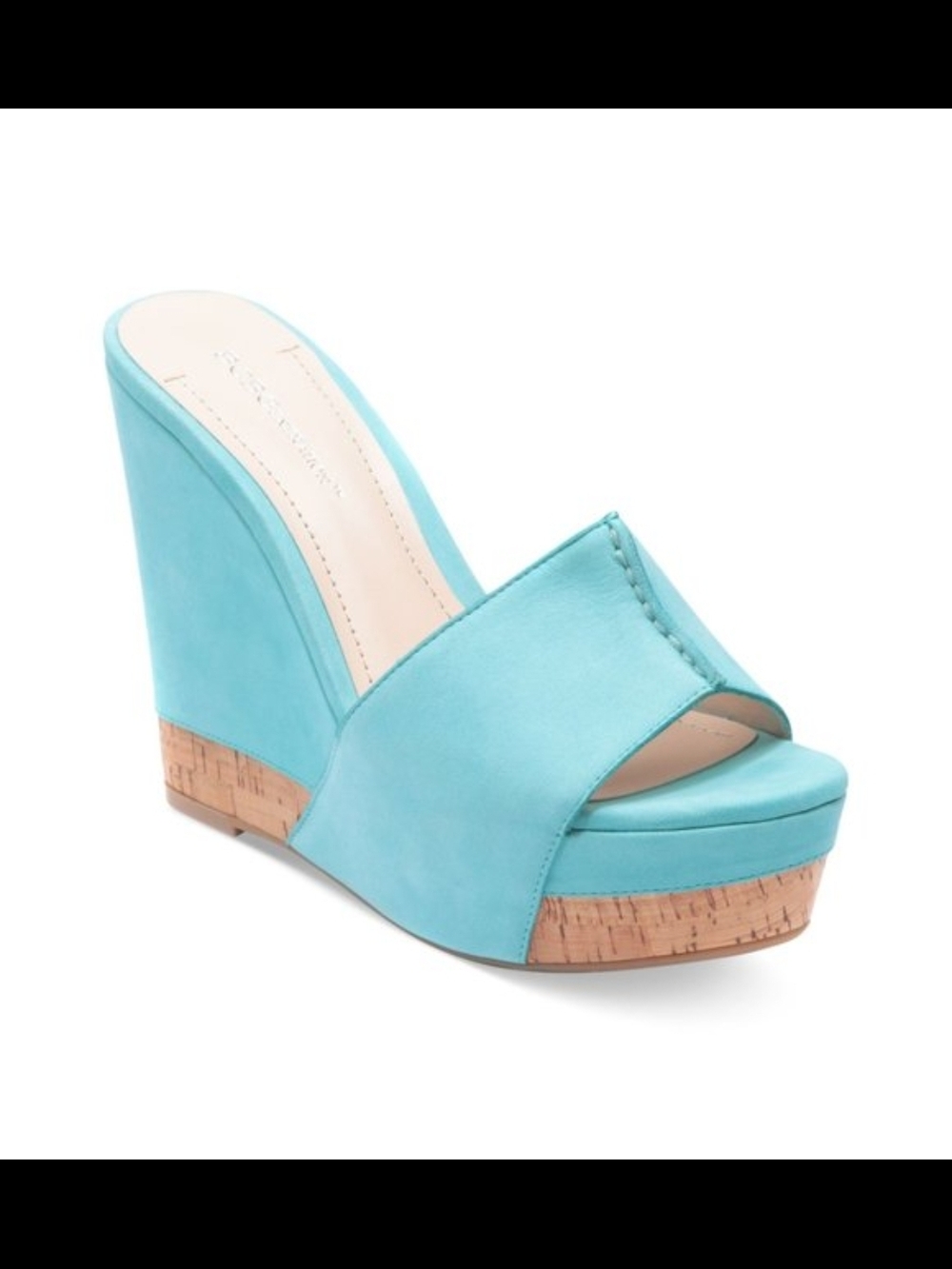 NWOT BCBGeneration "Rexx"  Blue Suede Open-Toe Cork Wedge Slide Sz 8.5